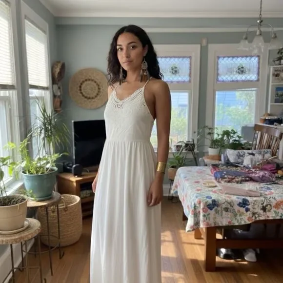 NWT Anthropologie RAGA Boho White Crochet Lace Maxi Dress - Picture 1 of 4